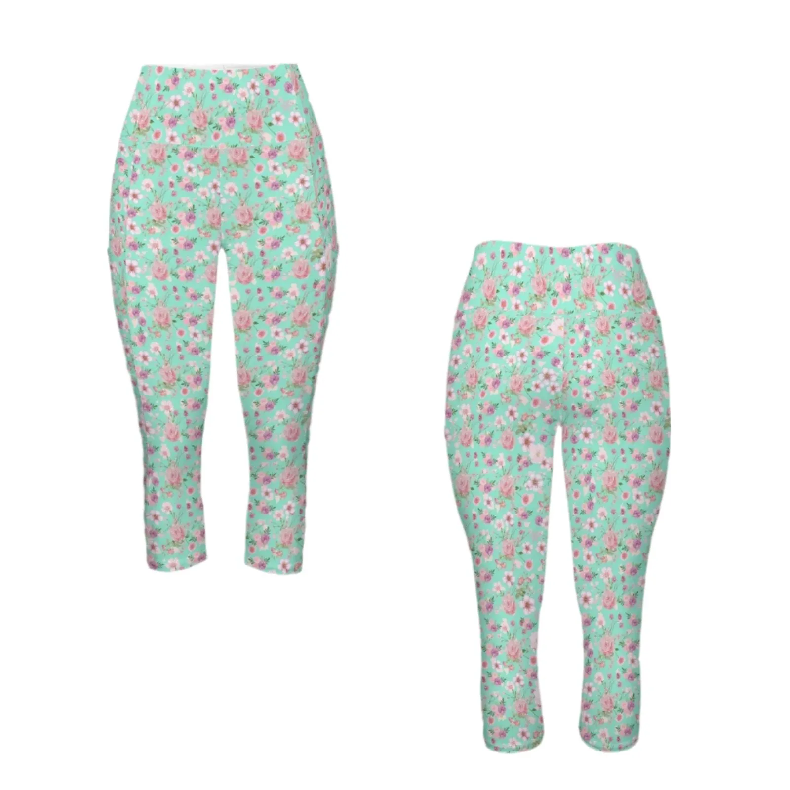 Aqua Floral Capri Leggings with Pockets up to 5 XL (FWS)