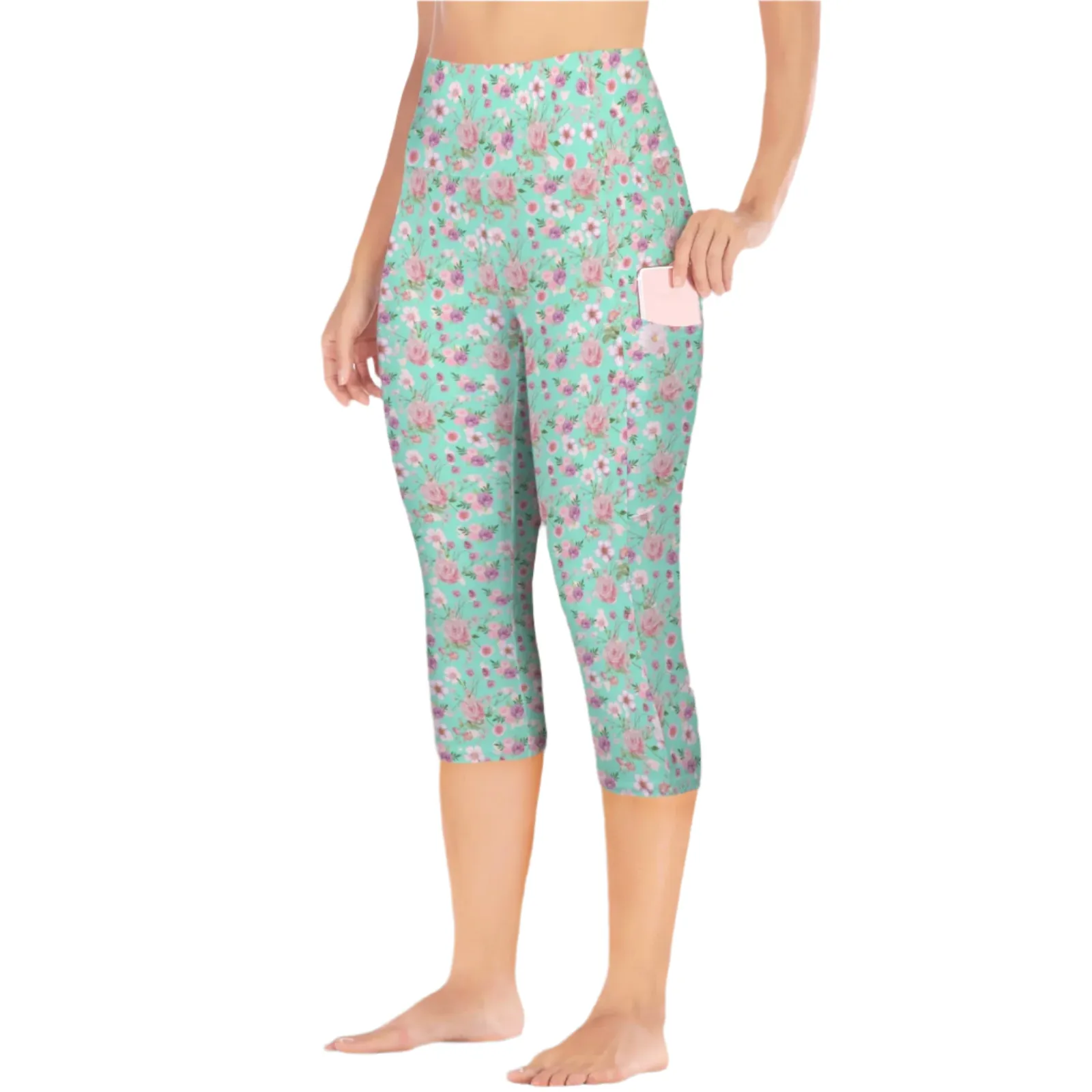 Aqua Floral Capri Leggings with Pockets up to 5 XL (FWS)