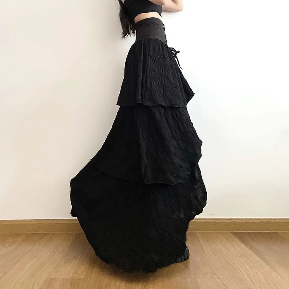 Black Gothic Slit Layered Maxi Skirt