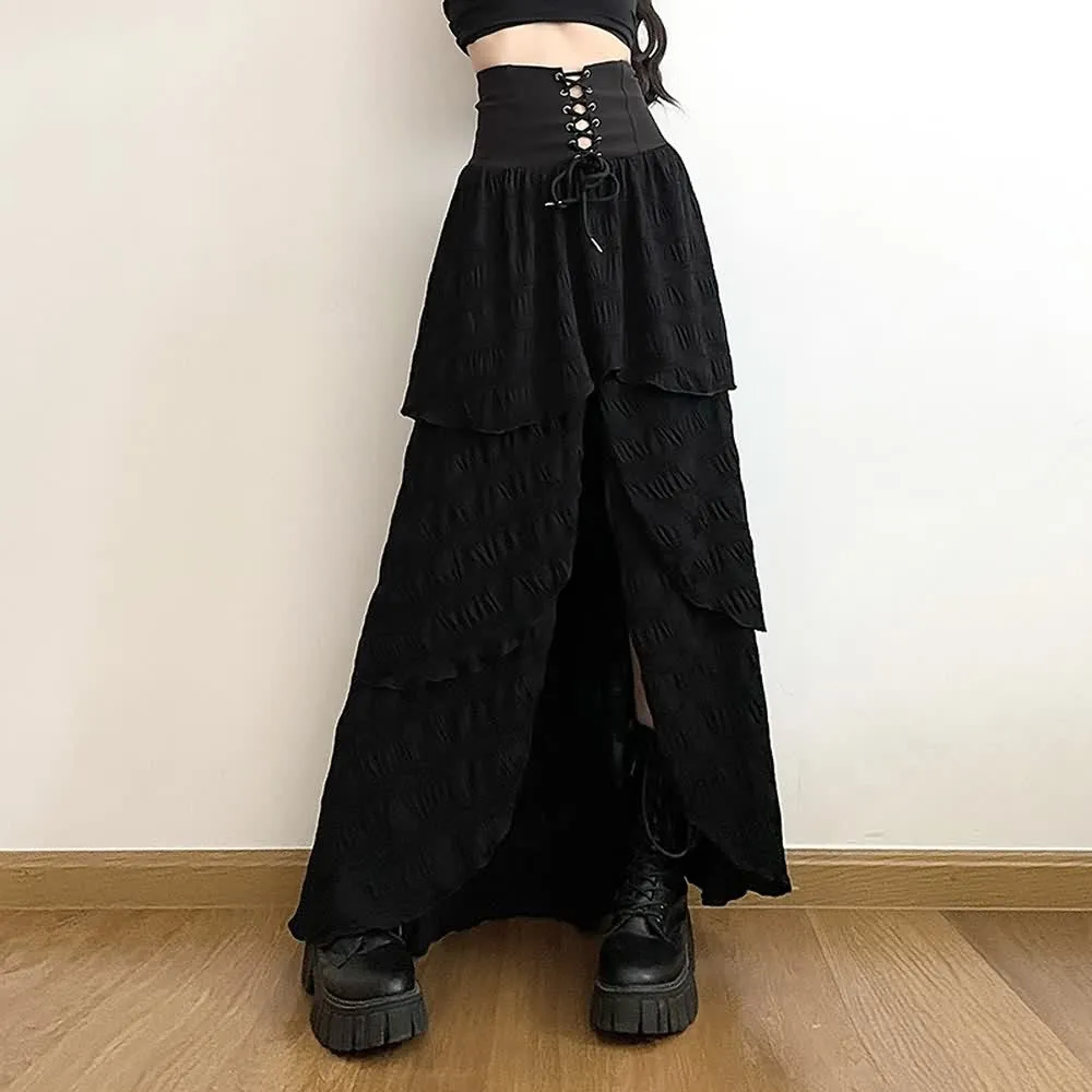 Black Gothic Slit Layered Maxi Skirt