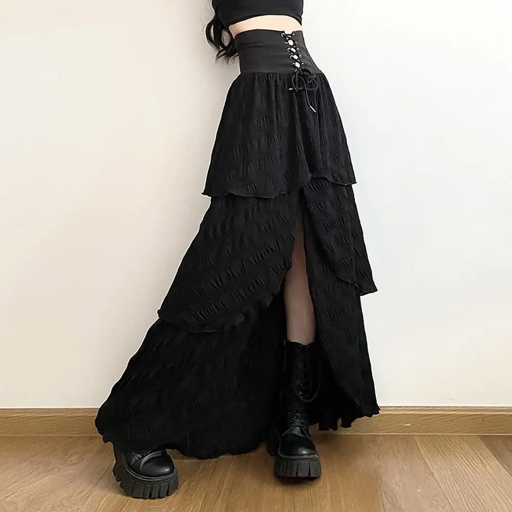 Black Gothic Slit Layered Maxi Skirt
