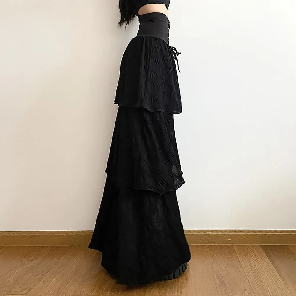 Black Gothic Slit Layered Maxi Skirt
