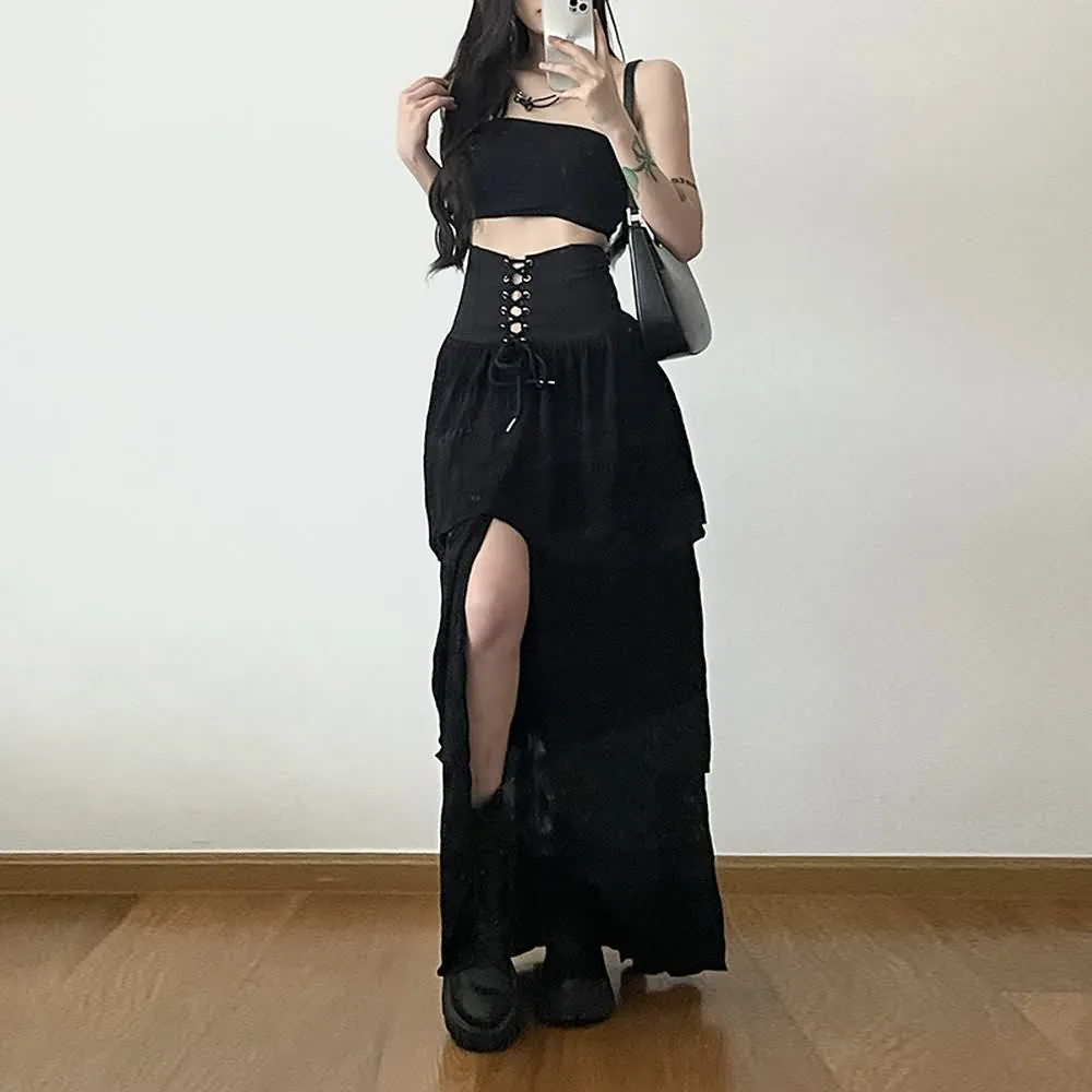 Black Gothic Slit Layered Maxi Skirt