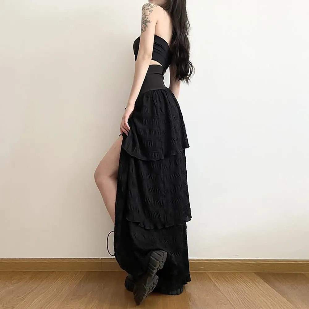 Black Gothic Slit Layered Maxi Skirt