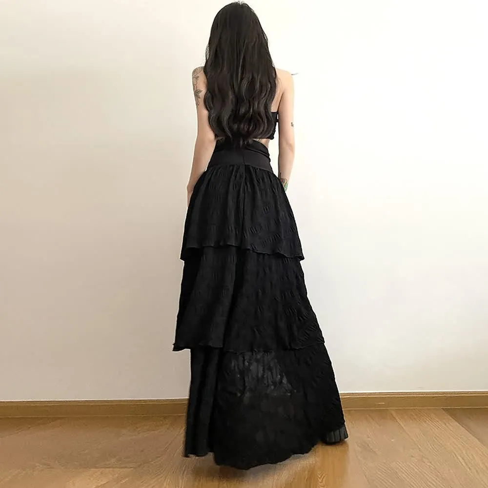 Black Gothic Slit Layered Maxi Skirt
