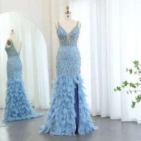 Blue Mermaid Evening Gown with Feather Details