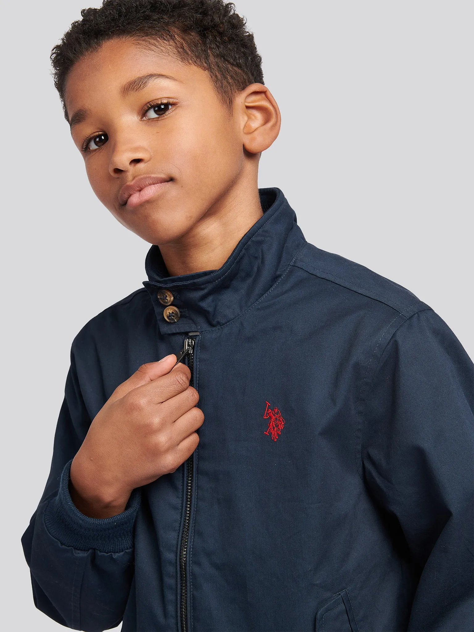Boys Cotton Twill Harrington Jacket in Dark Sapphire Navy / Haute Red DHM