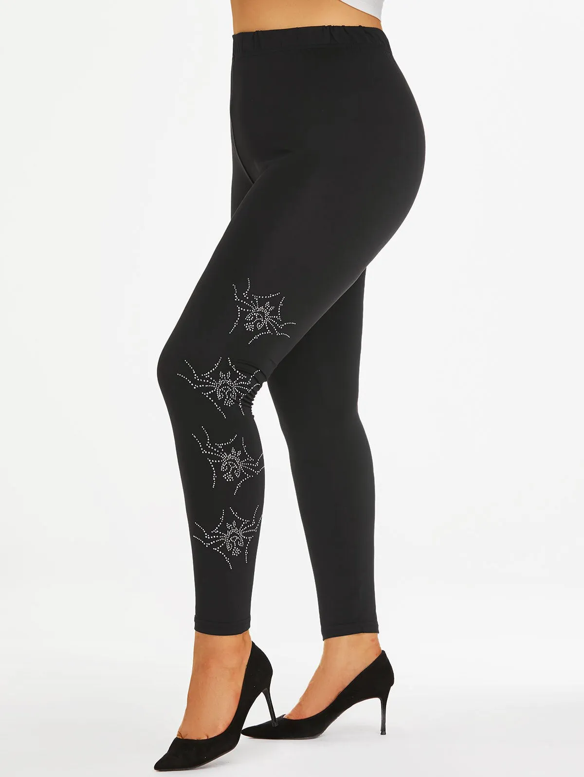 Casual Women Leggings Plus Size Rhinestone Spider High Rise