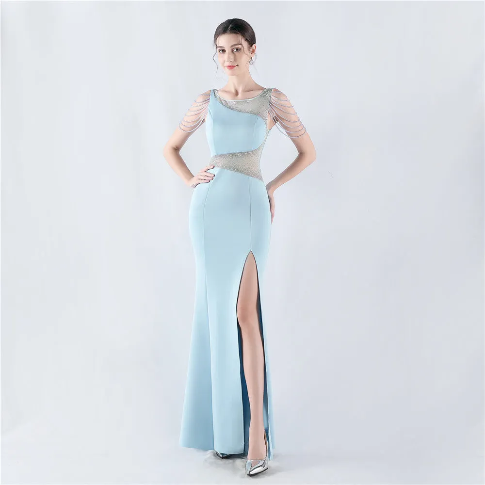 Elegant Embroidery Drilling Sheer Mesh Satin Evening Dress