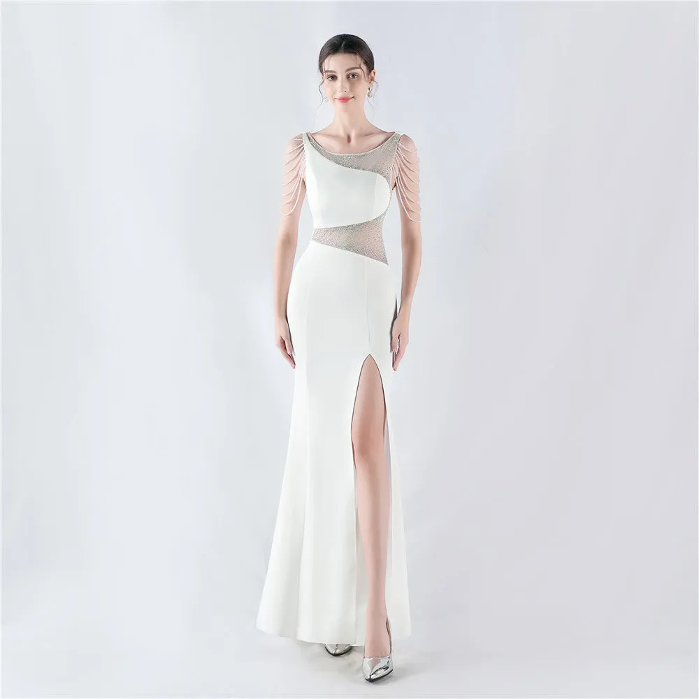 Elegant Embroidery Drilling Sheer Mesh Satin Evening Dress