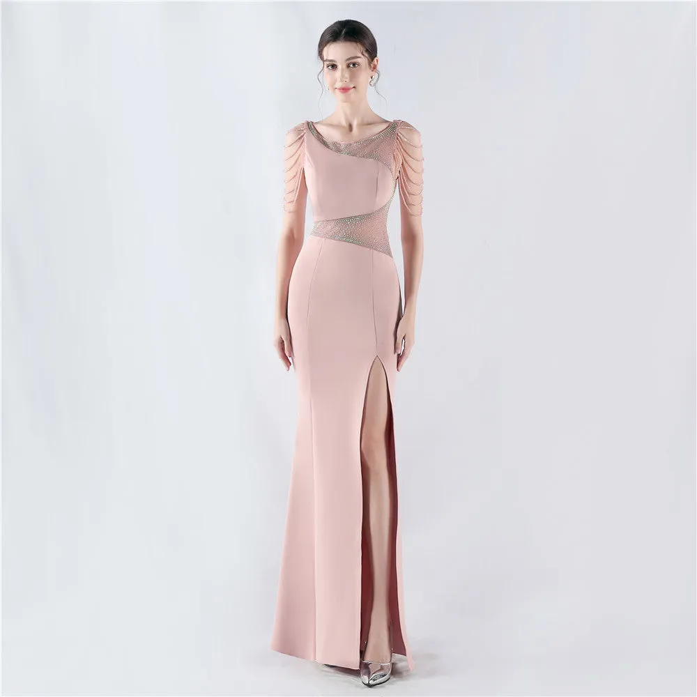 Elegant Embroidery Drilling Sheer Mesh Satin Evening Dress