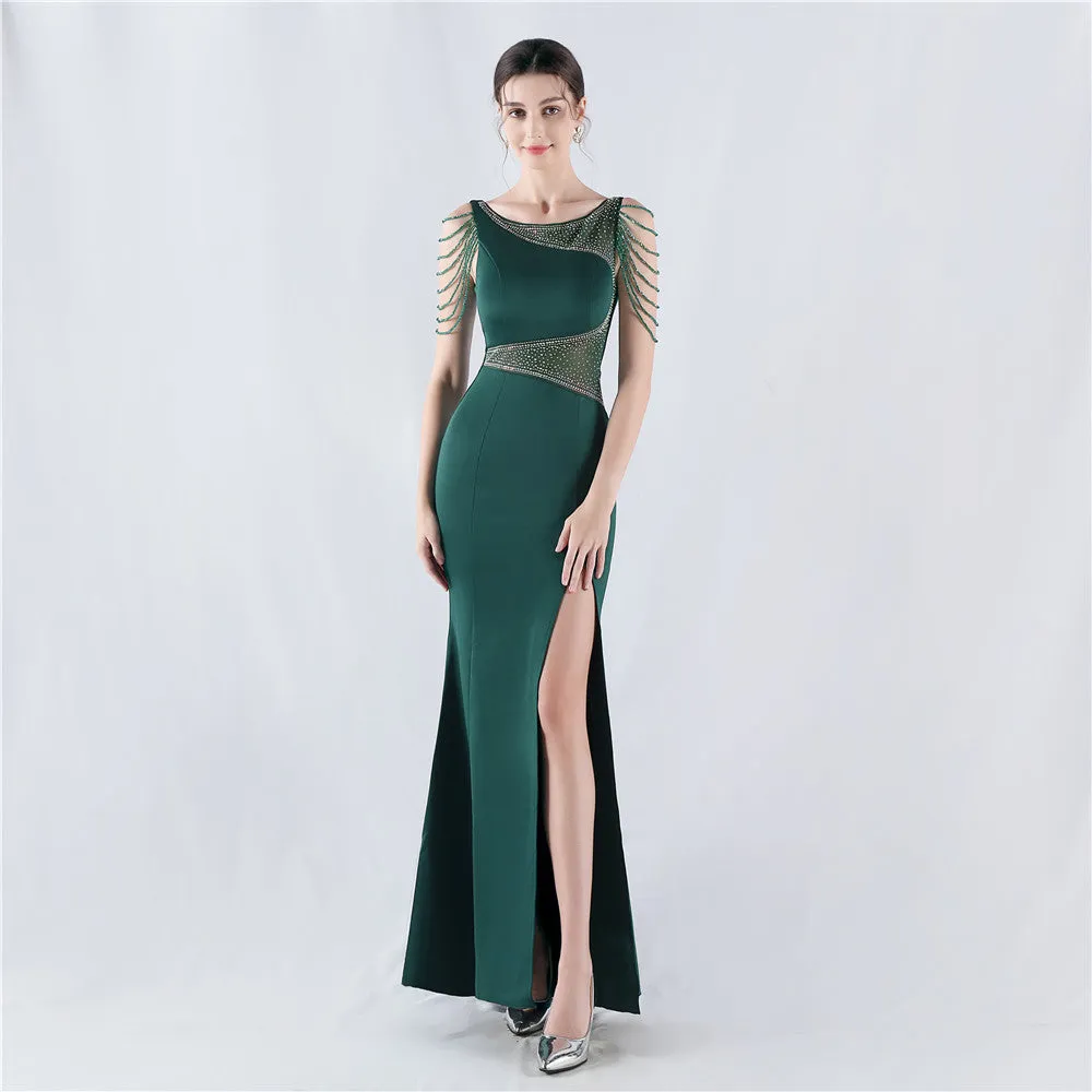 Elegant Embroidery Drilling Sheer Mesh Satin Evening Dress
