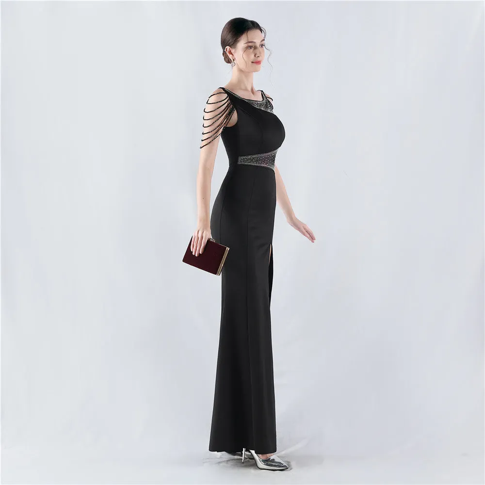 Elegant Embroidery Drilling Sheer Mesh Satin Evening Dress
