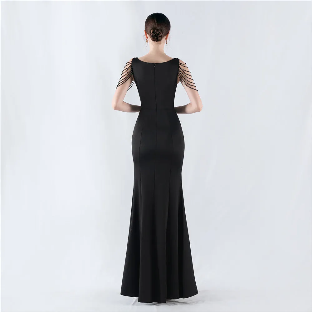 Elegant Embroidery Drilling Sheer Mesh Satin Evening Dress