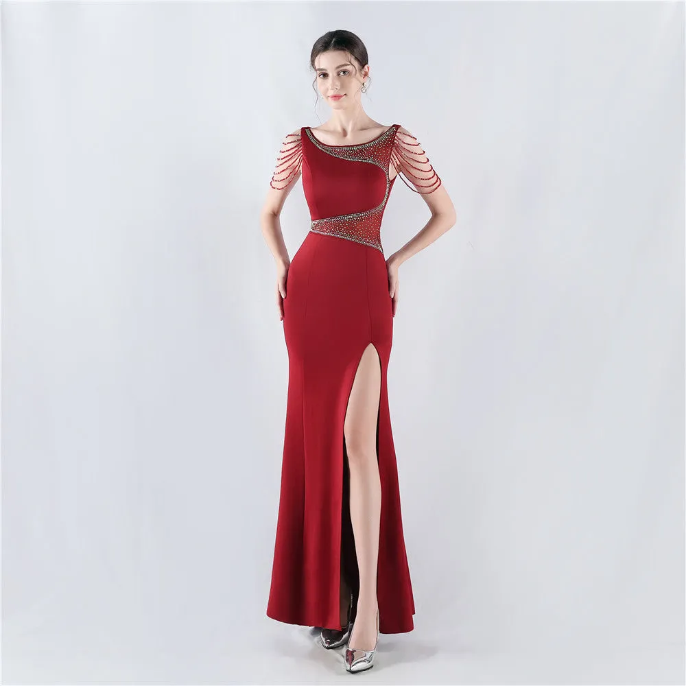 Elegant Embroidery Drilling Sheer Mesh Satin Evening Dress