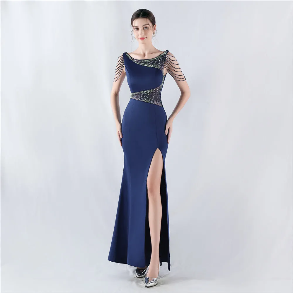 Elegant Embroidery Drilling Sheer Mesh Satin Evening Dress