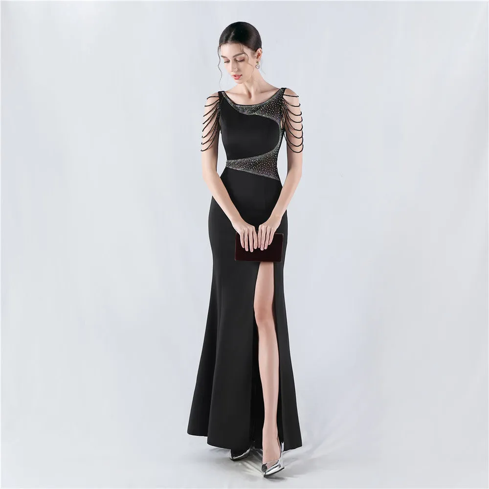 Elegant Embroidery Drilling Sheer Mesh Satin Evening Dress