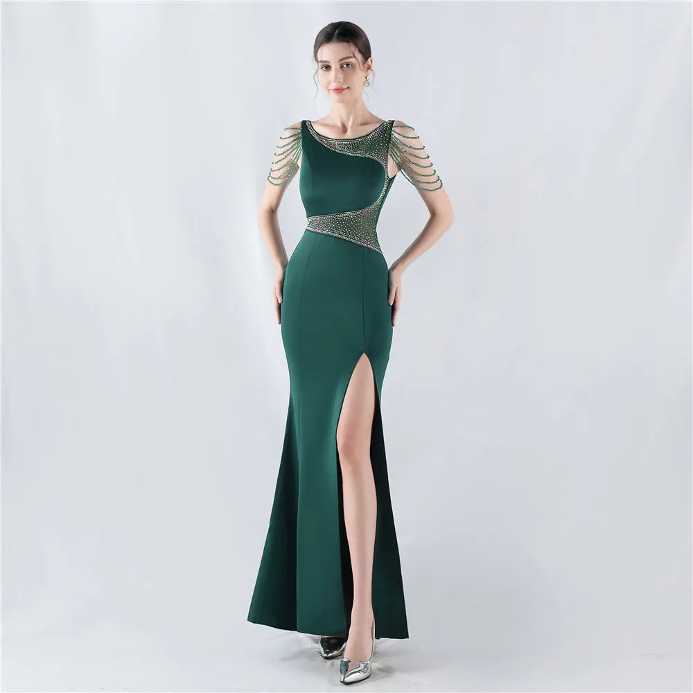 Elegant Embroidery Drilling Sheer Mesh Satin Evening Dress