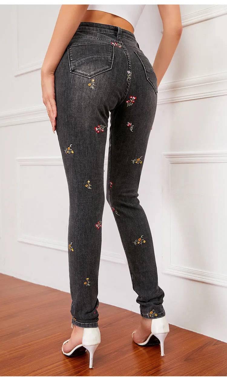 Embroidered Slim Elastic Pencil Pants