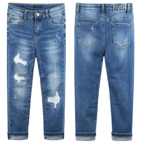 Girls Boys Ripped Holes Elastic Band Slim Jeans 9-11T