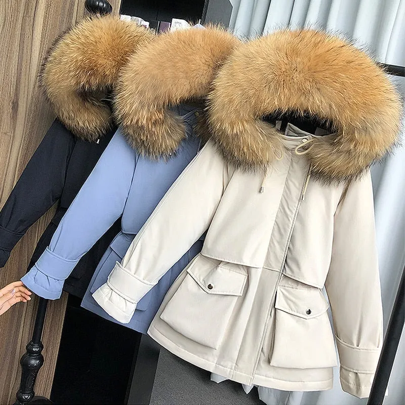 Large Natural Raccoon Fox Fur Hooded Winter