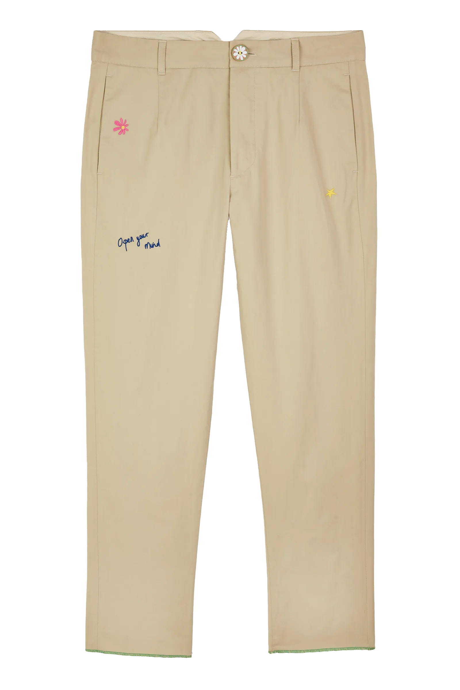 Lucky charm-embroidered cotton chinos