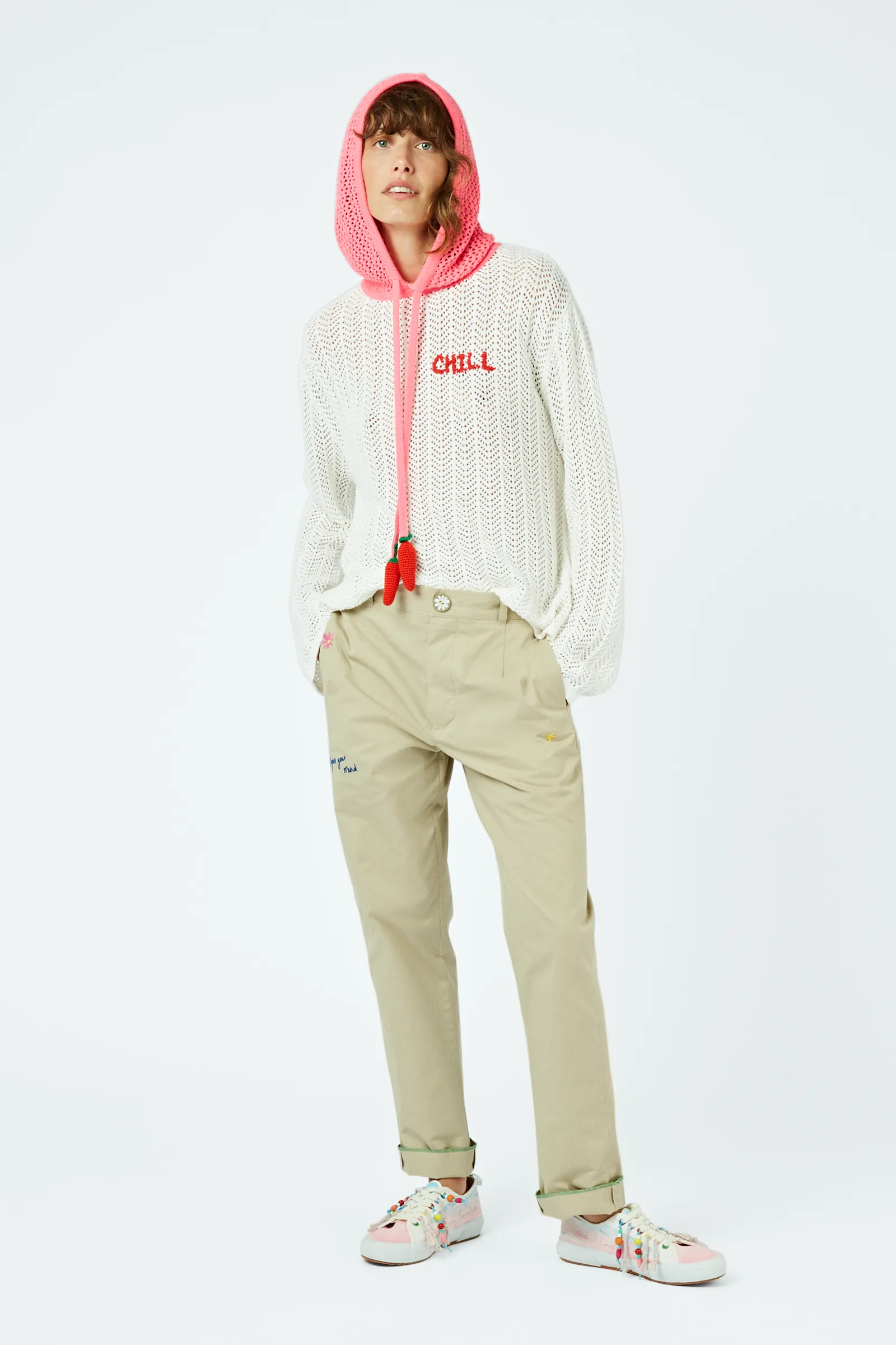 Lucky charm-embroidered cotton chinos