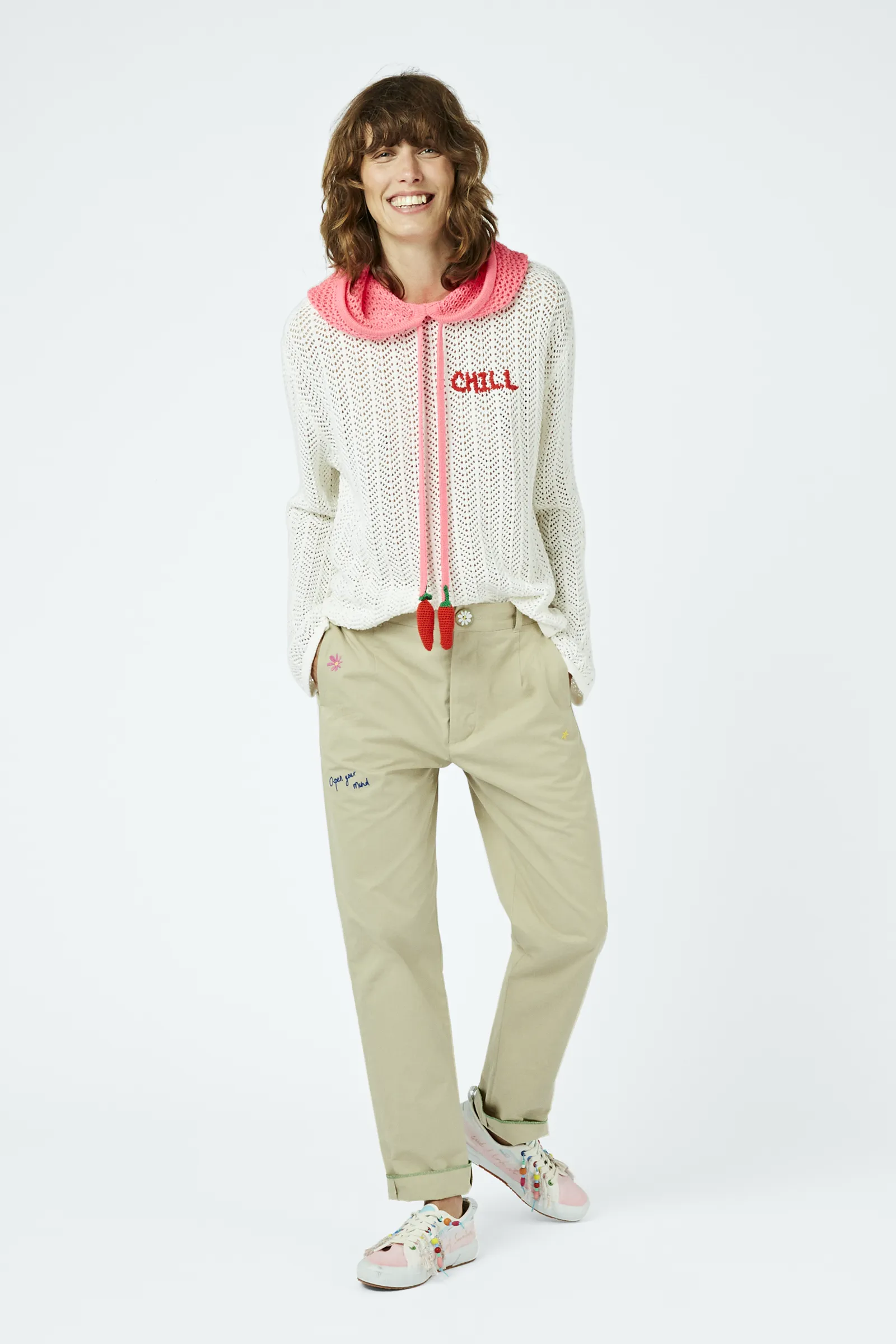 Lucky charm-embroidered cotton chinos