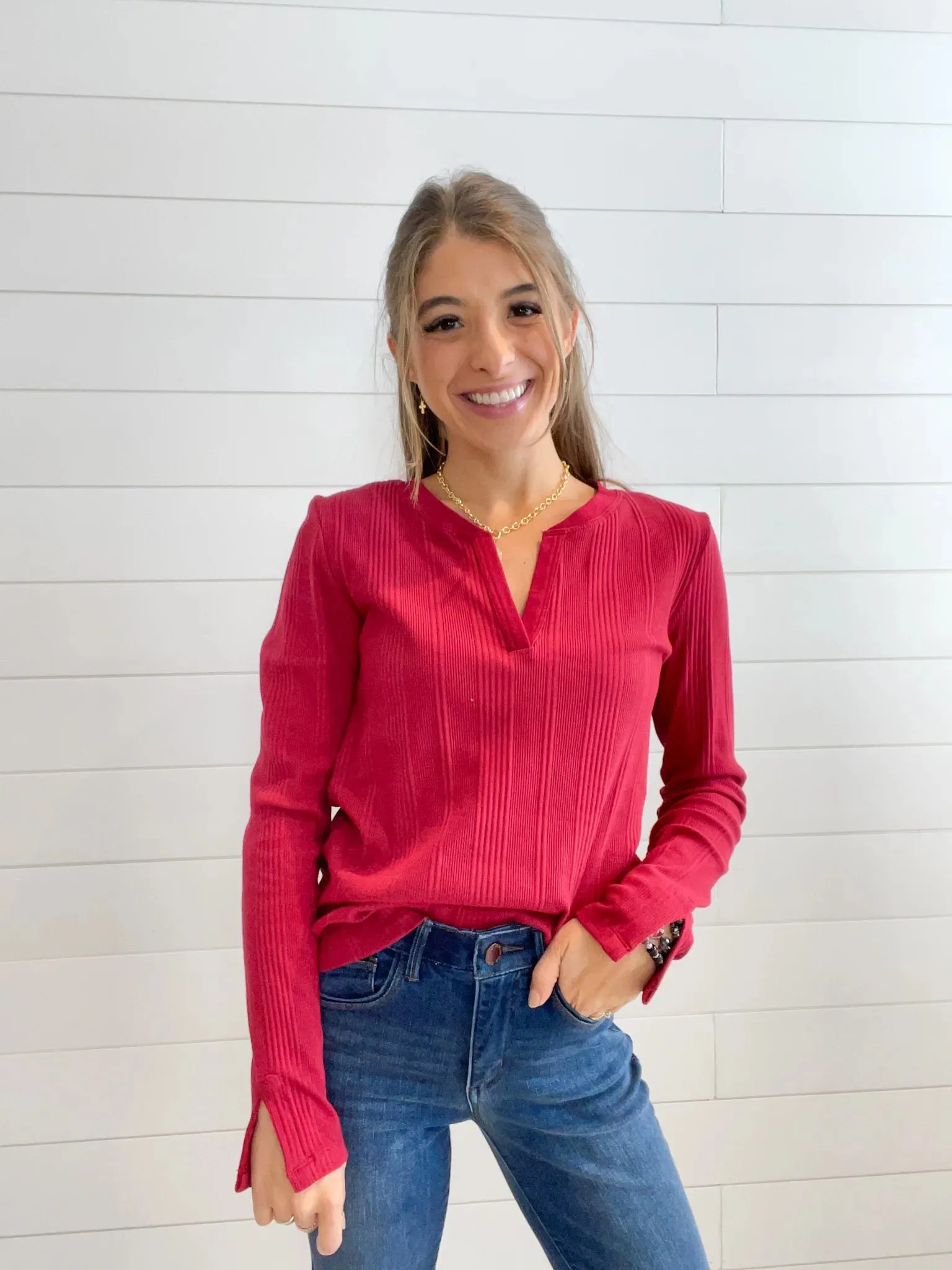 Mac and Me Long Sleeve V-Neck Ribbed Top