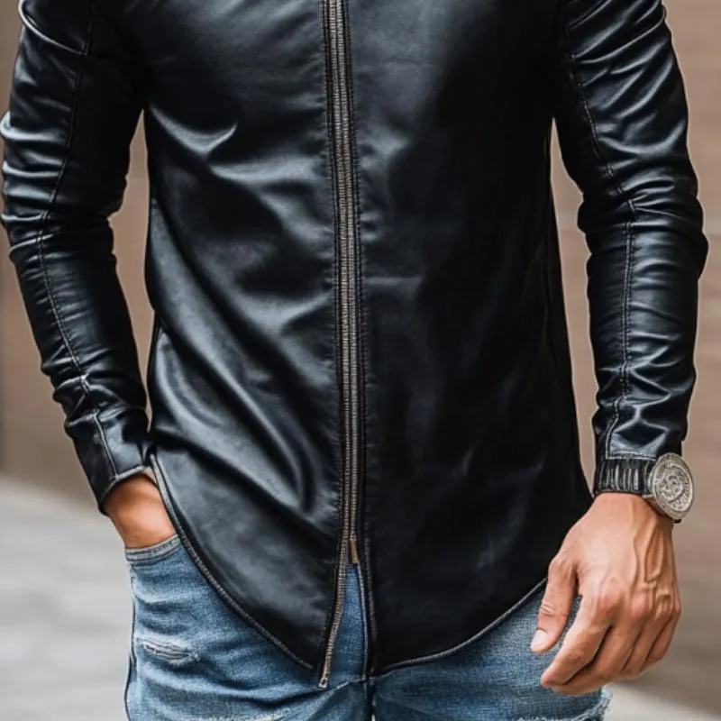 Men's Casual Fashion Round Neck Zipper Slim Leather Long Sleeve T-Shirt 28731356K