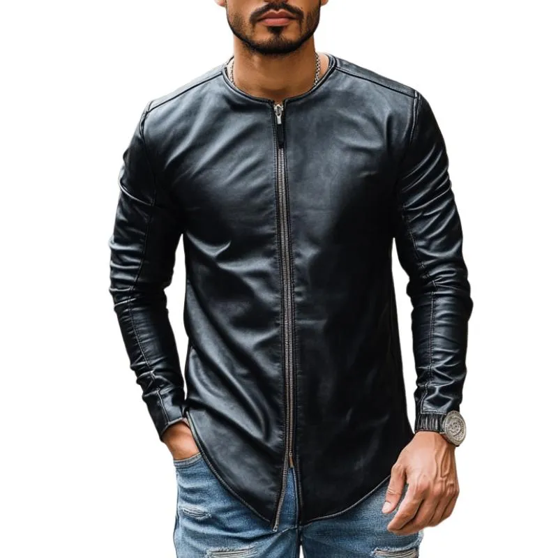 Men's Casual Fashion Round Neck Zipper Slim Leather Long Sleeve T-Shirt 28731356K
