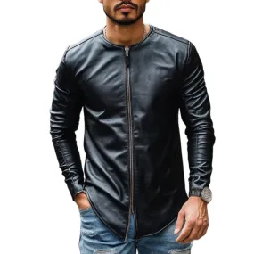 Men's Casual Fashion Round Neck Zipper Slim Leather Long Sleeve T-Shirt 28731356K