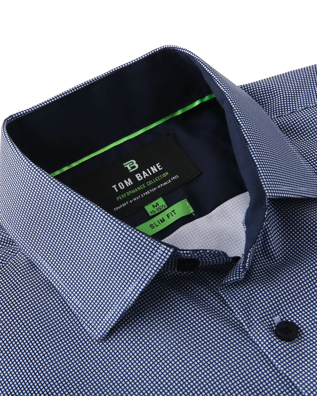 Men's Slim Fit Performance Long Sleeve Mini Plaid Shirt Navy