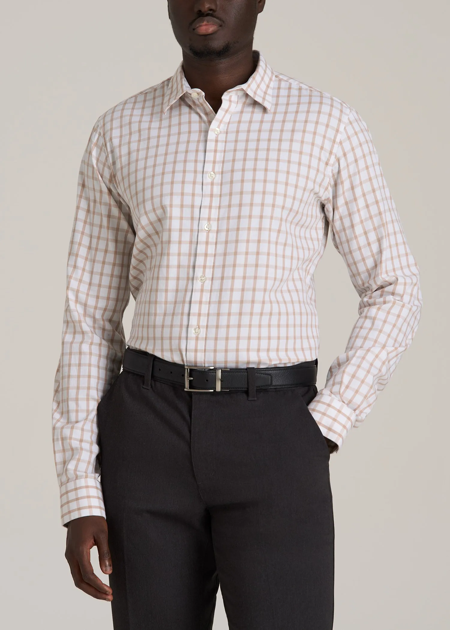 Oskar Button-Up Dress Shirt for Tall Men in Beige Grid