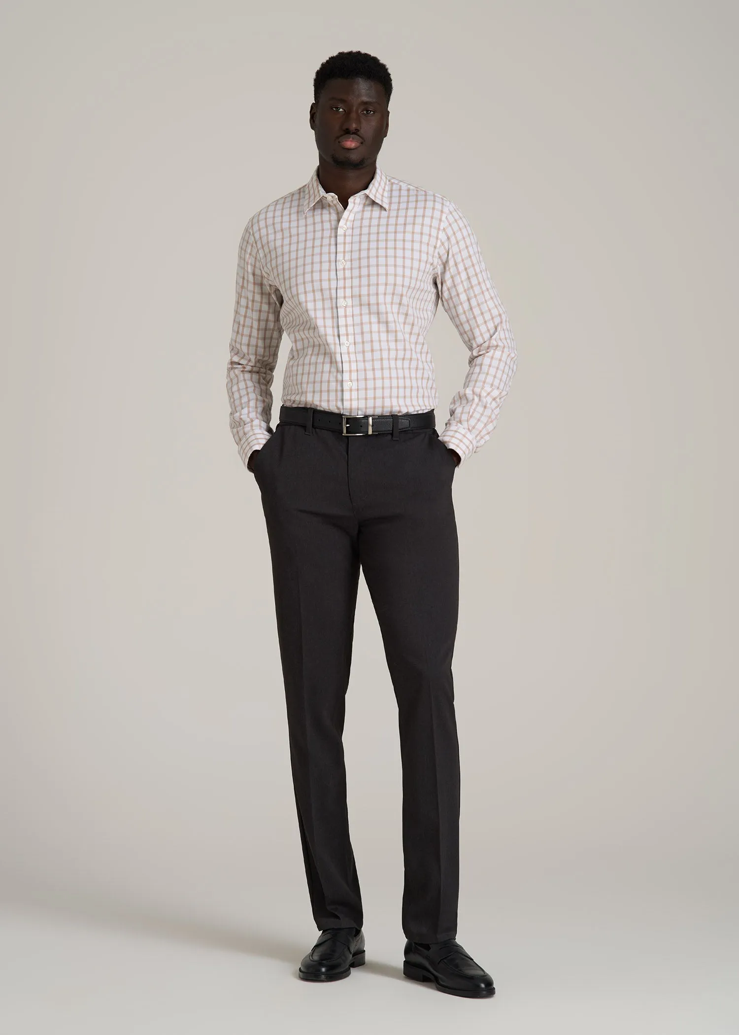 Oskar Button-Up Dress Shirt for Tall Men in Beige Grid