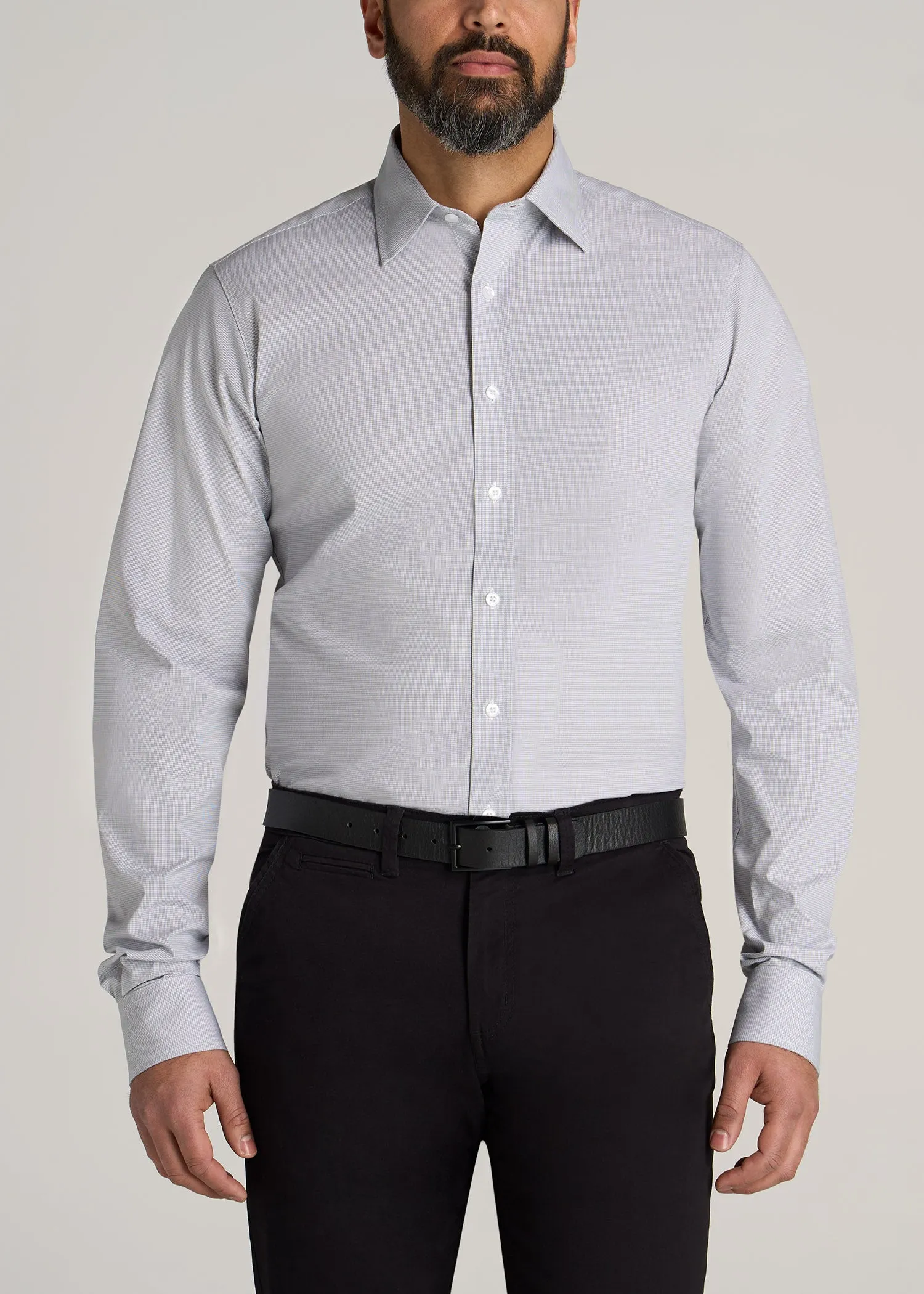 Oskar Button-Up Dress Shirt for Tall Men in Grey & White Gingham