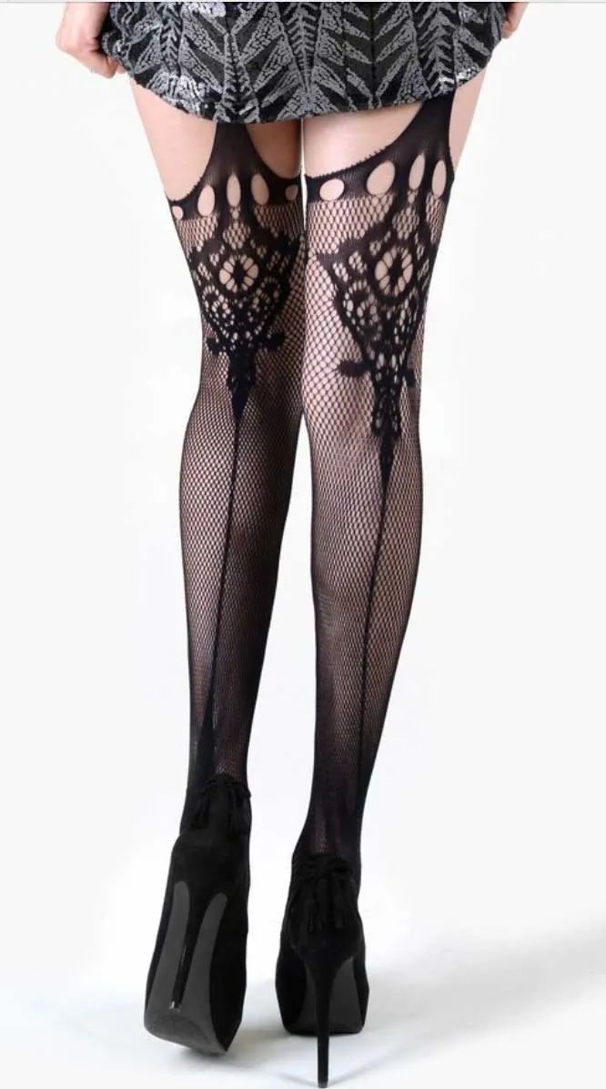 Spanish Fan Faux Garter Fishnet Pantyhose